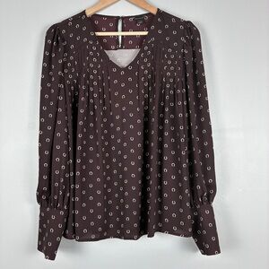 Ann Taylor Chocolate Brown V-Neck Long Sleeve Blouse with White Dot Print
